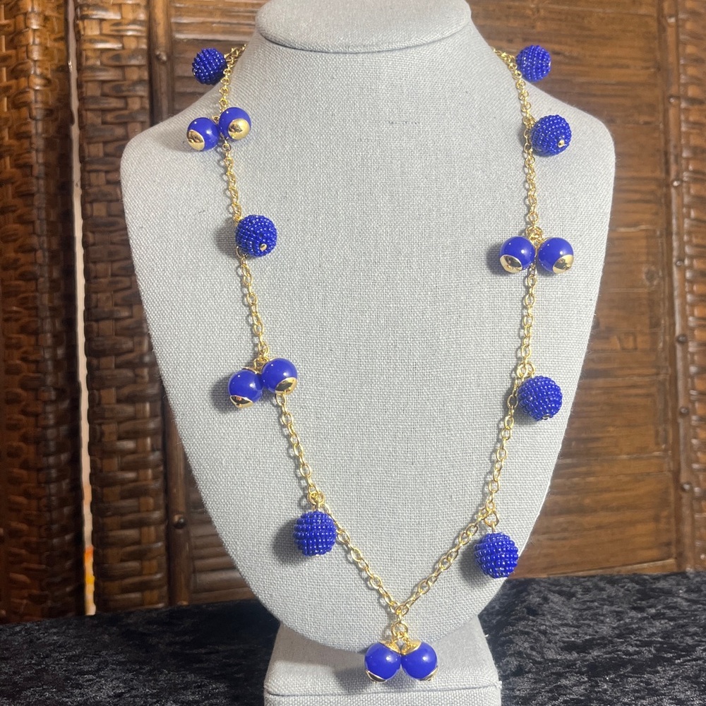 J. Crew Royal Blue Ball Beaded Dangles Large Station Chain Necklace Gold Tone